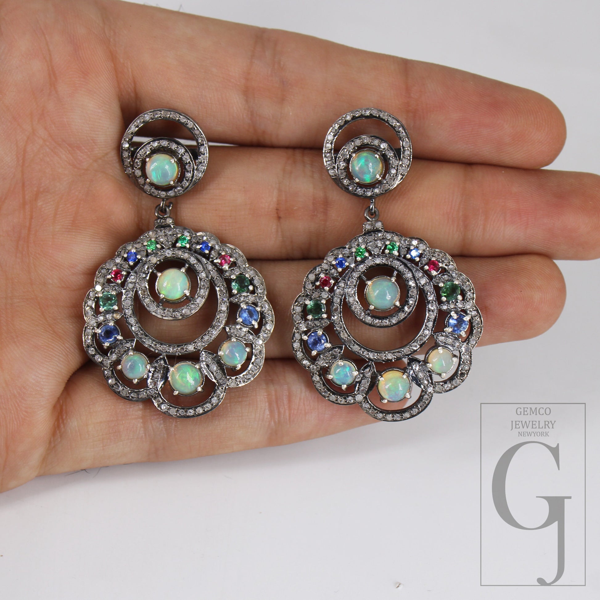 Ethopian Opal Designer Vintage Look Earring Rosecut Pave Diamonds Natural Stone Opal And Mix Stone Designer Antique Sterling Silver Earrings