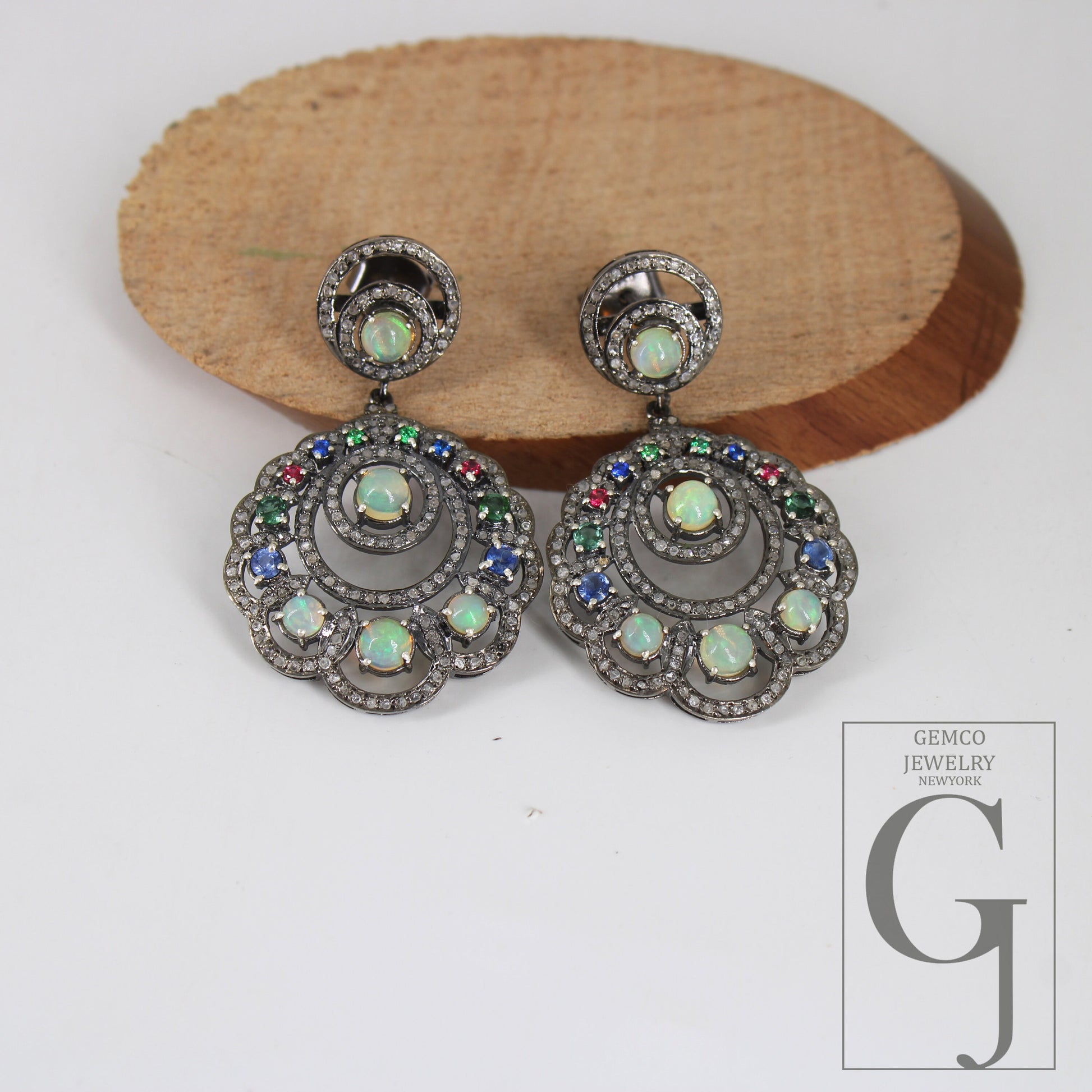 Ethopian Opal Designer Vintage Look Earring Rosecut Pave Diamonds Natural Stone Opal And Mix Stone Designer Antique Sterling Silver Earrings