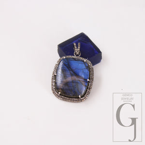 Antique Look Labradorite Pendant Designer Rosecut Pave Diamond 925 Sterling Silver Handmade Finish Pendant Diamond Charms Necklace Pendant