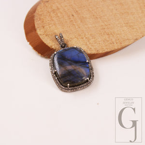 Antique Look Labradorite Pendant Designer Rosecut Pave Diamond 925 Sterling Silver Handmade Finish Pendant Diamond Charms Necklace Pendant