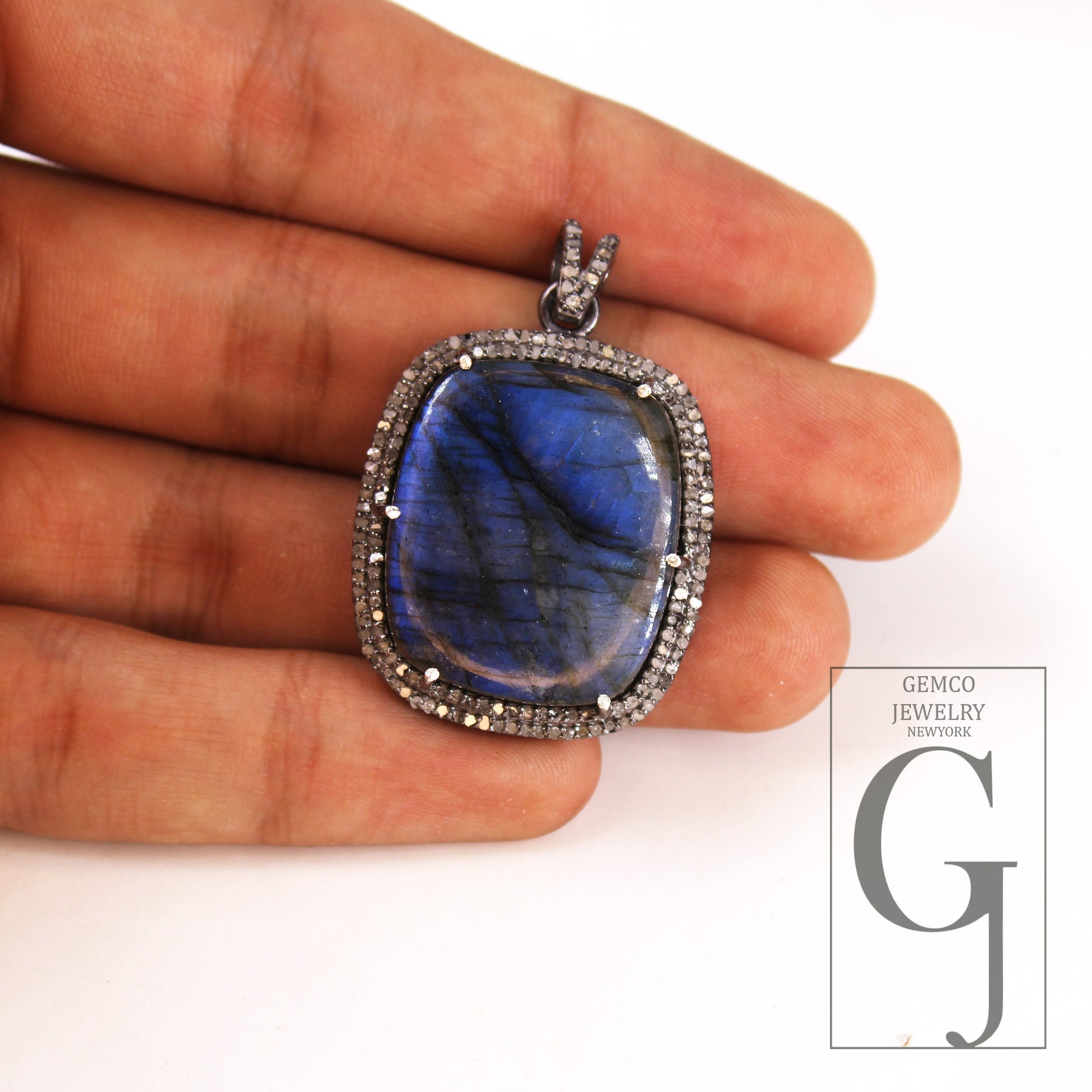 Antique Look Labradorite Pendant Designer Rosecut Pave Diamond 925 Sterling Silver Handmade Finish Pendant Diamond Charms Necklace Pendant