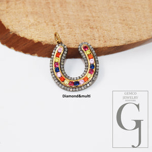 1pc Horseshoe Pendant Rosecut Pave Diamond Pendant 925 Sterling Silver Handmade Finish Diamond , Green, Blue, Red, Black Jewelry Pendant