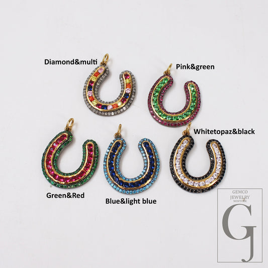 1pc Horseshoe Pendant Rosecut Pave Diamond Pendant 925 Sterling Silver Handmade Finish Diamond , Green, Blue, Red, Black Jewelry Pendant