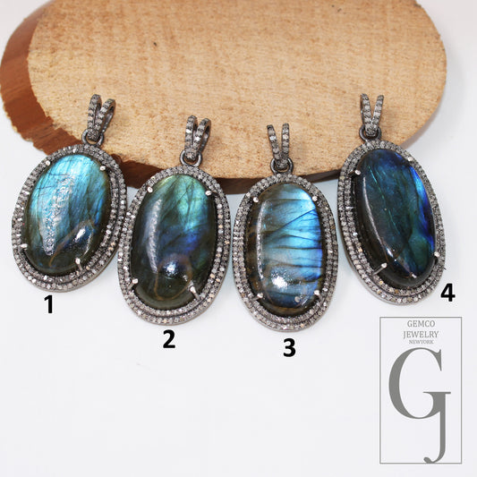 1pc Beautiful Blue Fire Labradorite Pendant Rosecut Pave Diamond Pendant 925 Sterling Silver Handmade Finish Diamond Charms Necklace Pendant