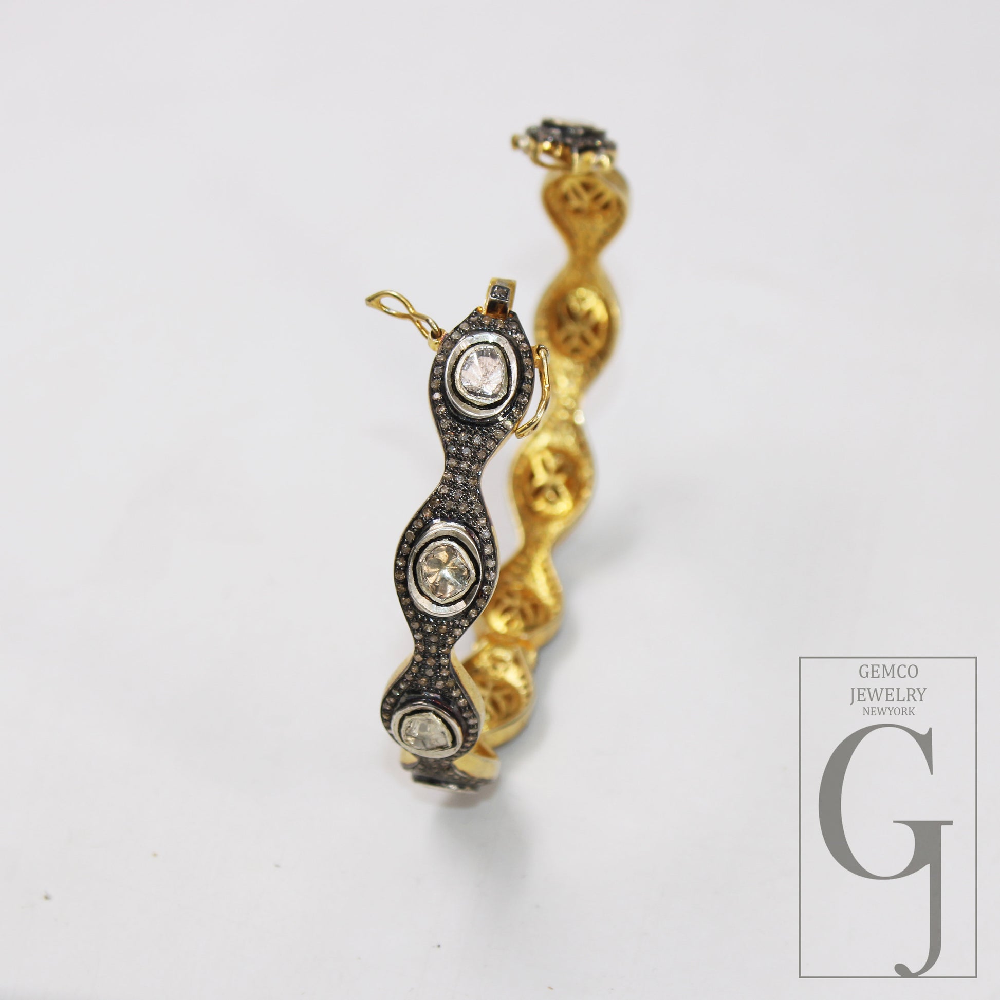 14k Gold Finish Polki Flat Diamond Bangle Rosecut Pave Diamond Bangle Bracelet 925 Sterling Silver Handmade Finish Diamond Bangle Bracelet