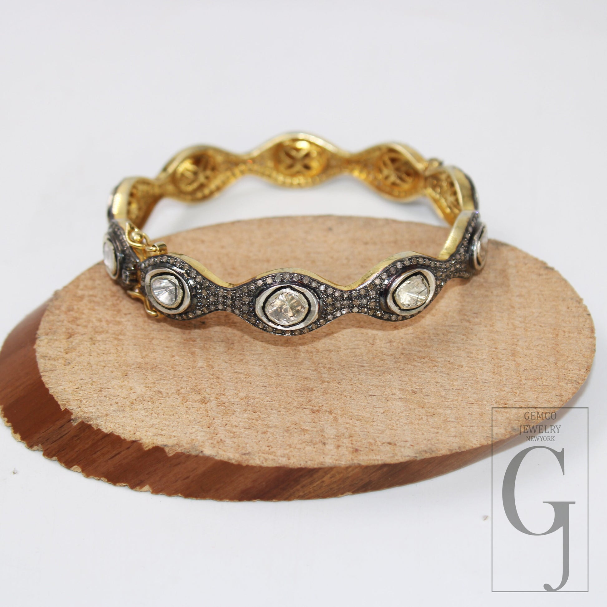 14k Gold Finish Polki Flat Diamond Bangle Rosecut Pave Diamond Bangle Bracelet 925 Sterling Silver Handmade Finish Diamond Bangle Bracelet