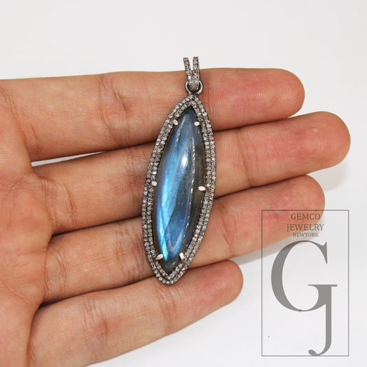 Very beautiful designer labradorite pendant Rosecut pave diamond pendant 925 sterling silver handmade finish diamond charms necklace pendant