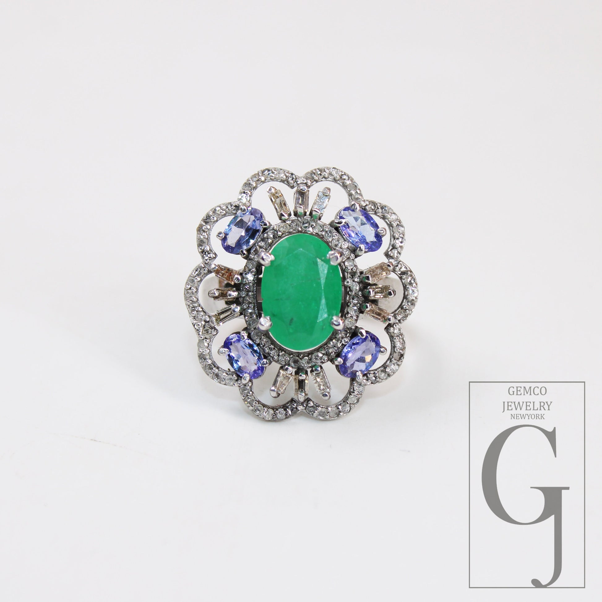 Oxidized Finish Look Tanzanite Emerald Ring Designer Rosecut Pave Diamond Rings 925 Sterling Silver Handmade Silver Finish Diamond Ring