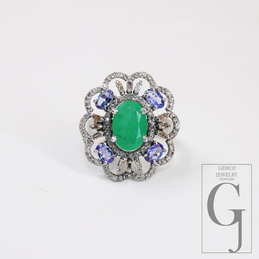 Oxidized Finish Look Tanzanite Emerald Ring Designer Rosecut Pave Diamond Rings 925 Sterling Silver Handmade Silver Finish Diamond Ring