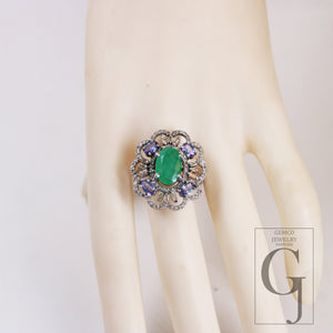 Oxidized Finish Look Tanzanite Emerald Ring Designer Rosecut Pave Diamond Rings 925 Sterling Silver Handmade Silver Finish Diamond Ring