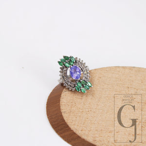 Very Beautiful Emerald And Tanzanite Ring Designer Rosecut Pave Diamond Rings 925 Sterling Silver Handmade Silver Finish Diamond Ring