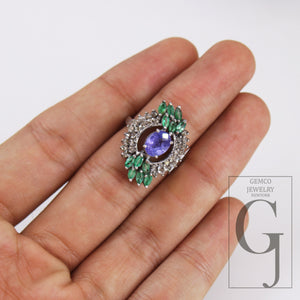 Very Beautiful Emerald And Tanzanite Ring Designer Rosecut Pave Diamond Rings 925 Sterling Silver Handmade Silver Finish Diamond Ring