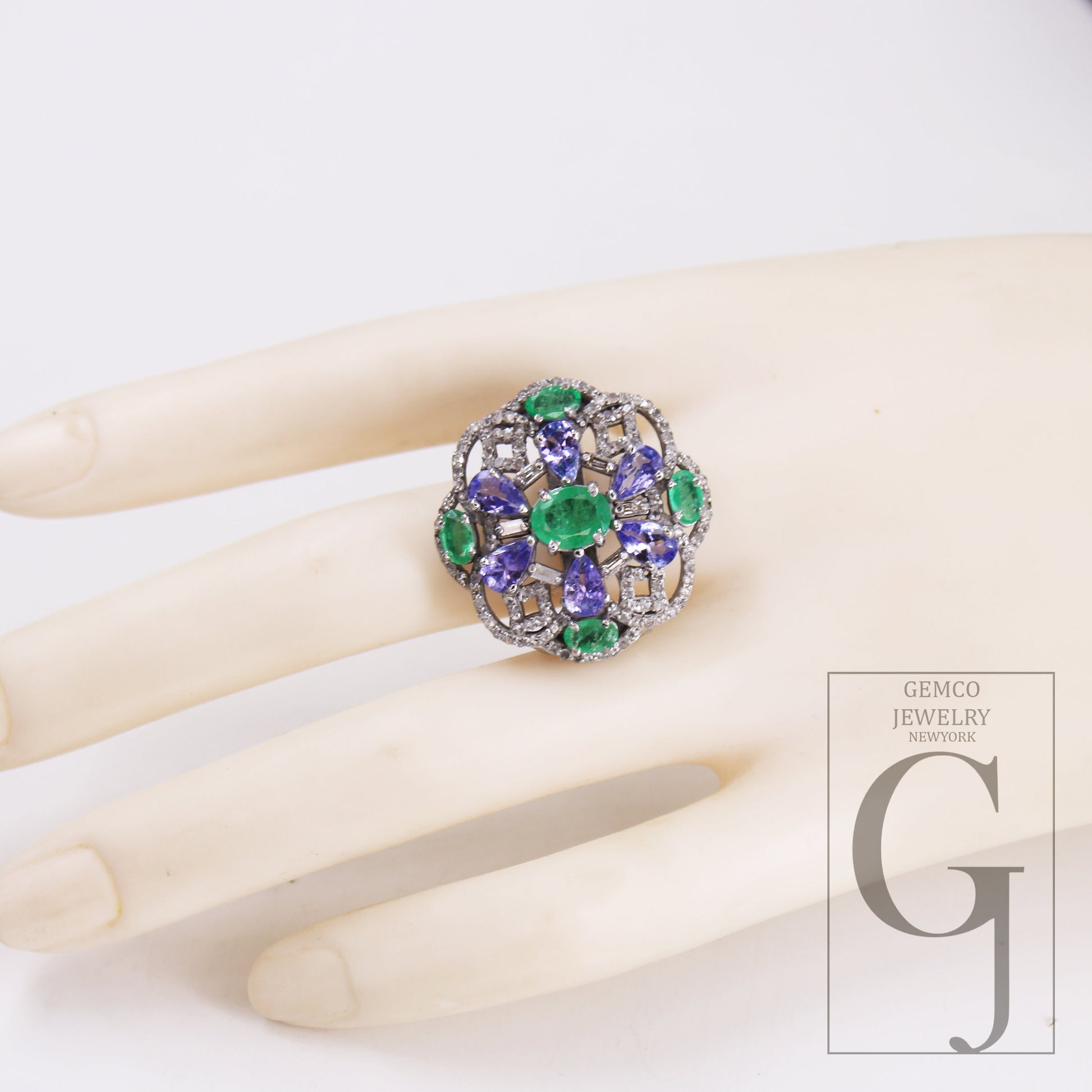 One Of a Kind Designer Emerald, Tanzanite Ring Designer Rosecut Pave Diamond Rings 925 Sterling Silver Handmade Silver Finish Diamond Ring