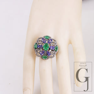 One Of a Kind Designer Emerald, Tanzanite Ring Designer Rosecut Pave Diamond Rings 925 Sterling Silver Handmade Silver Finish Diamond Ring