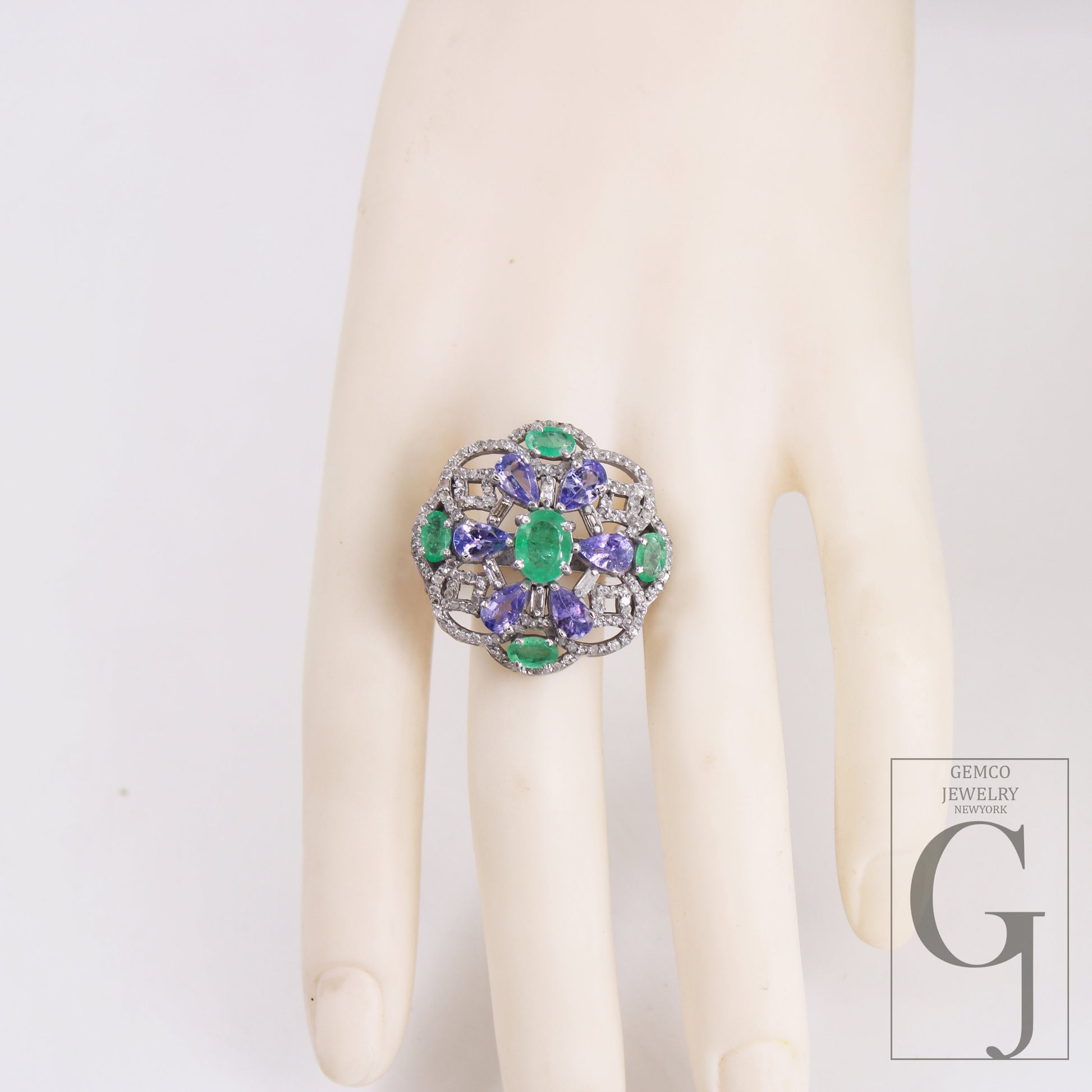 One Of a Kind Designer Emerald, Tanzanite Ring Designer Rosecut Pave Diamond Rings 925 Sterling Silver Handmade Silver Finish Diamond Ring