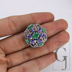 One Of a Kind Designer Emerald, Tanzanite Ring Designer Rosecut Pave Diamond Rings 925 Sterling Silver Handmade Silver Finish Diamond Ring