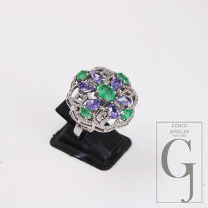 One Of a Kind Designer Emerald, Tanzanite Ring Designer Rosecut Pave Diamond Rings 925 Sterling Silver Handmade Silver Finish Diamond Ring