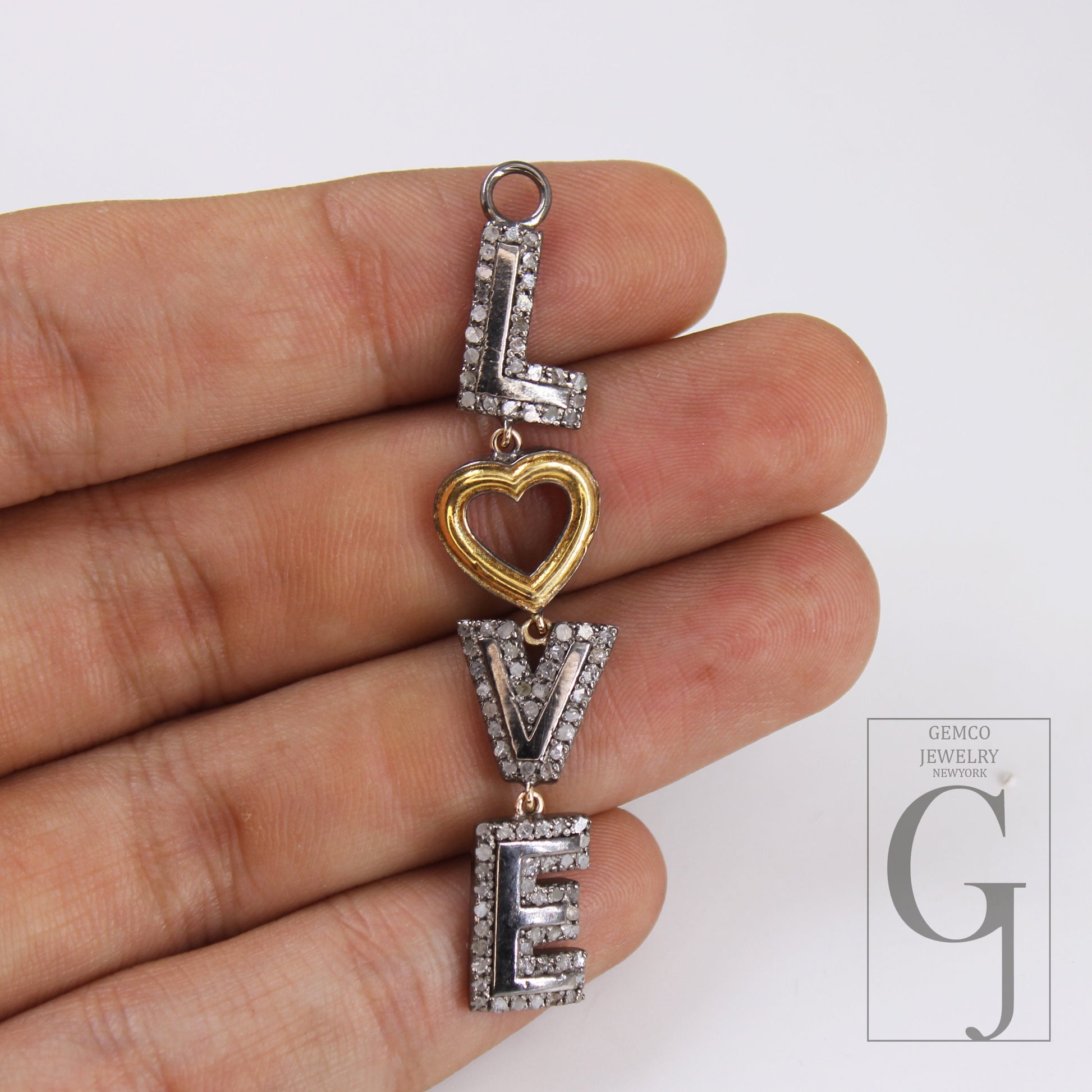 LOVE pendant Rosecut Pave Diamond Pendant 925 Sterling Silver Handmade Finish Diamond Jewelry Necklace Pendant