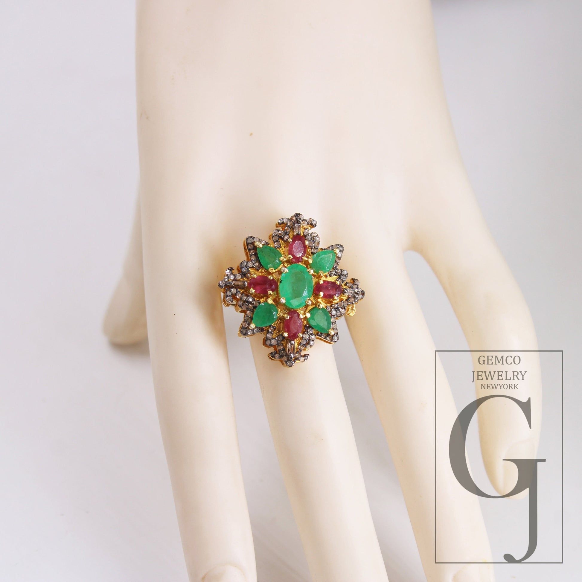 14k Gold Finish Green Emerald Ruby Ring Designer Rosecut Pave Diamond Rings 925 Sterling Silver Handmade Silver Finish Diamond Ring