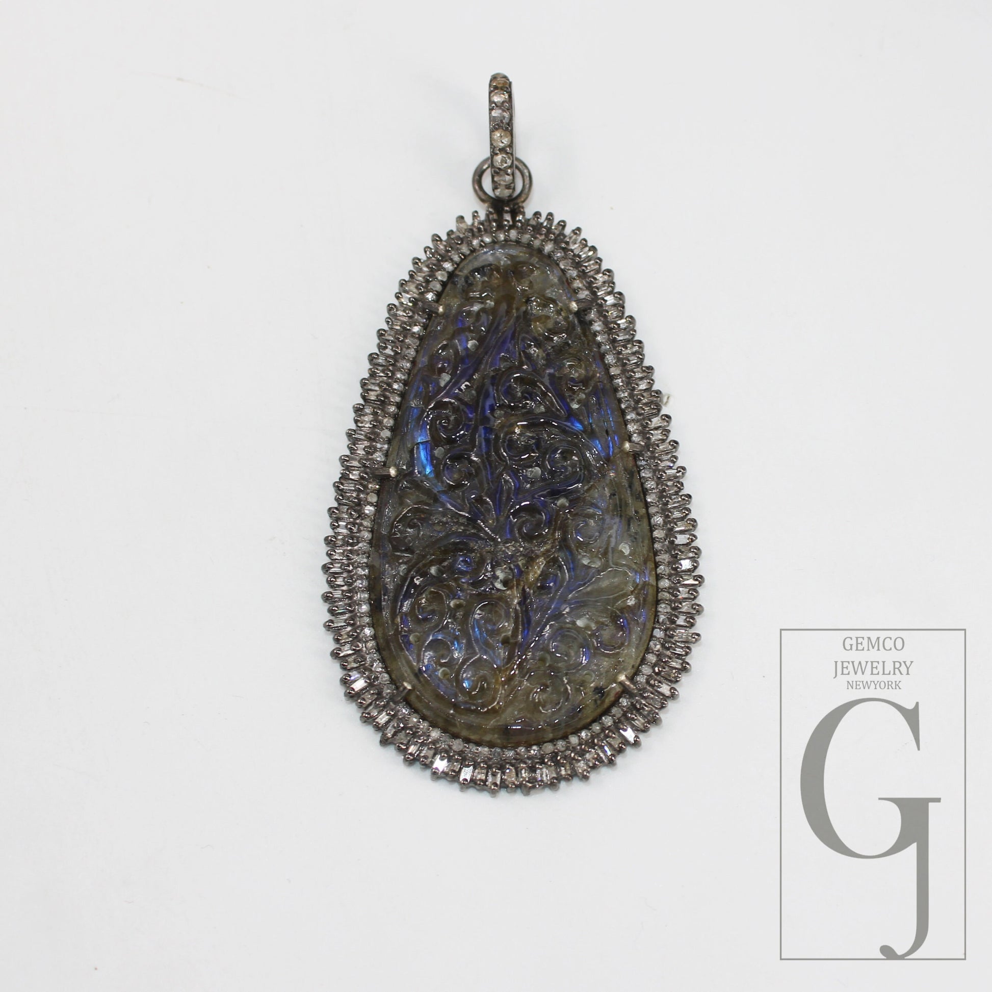 Carving Labradorite Baguette Diamond Pendant Rosecut Pave Diamond Pendant 925 Sterling Silver Handmade Finish Diamond Charm Necklace Pendant