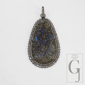 Carving Labradorite Baguette Diamond Pendant Rosecut Pave Diamond Pendant 925 Sterling Silver Handmade Finish Diamond Charm Necklace Pendant