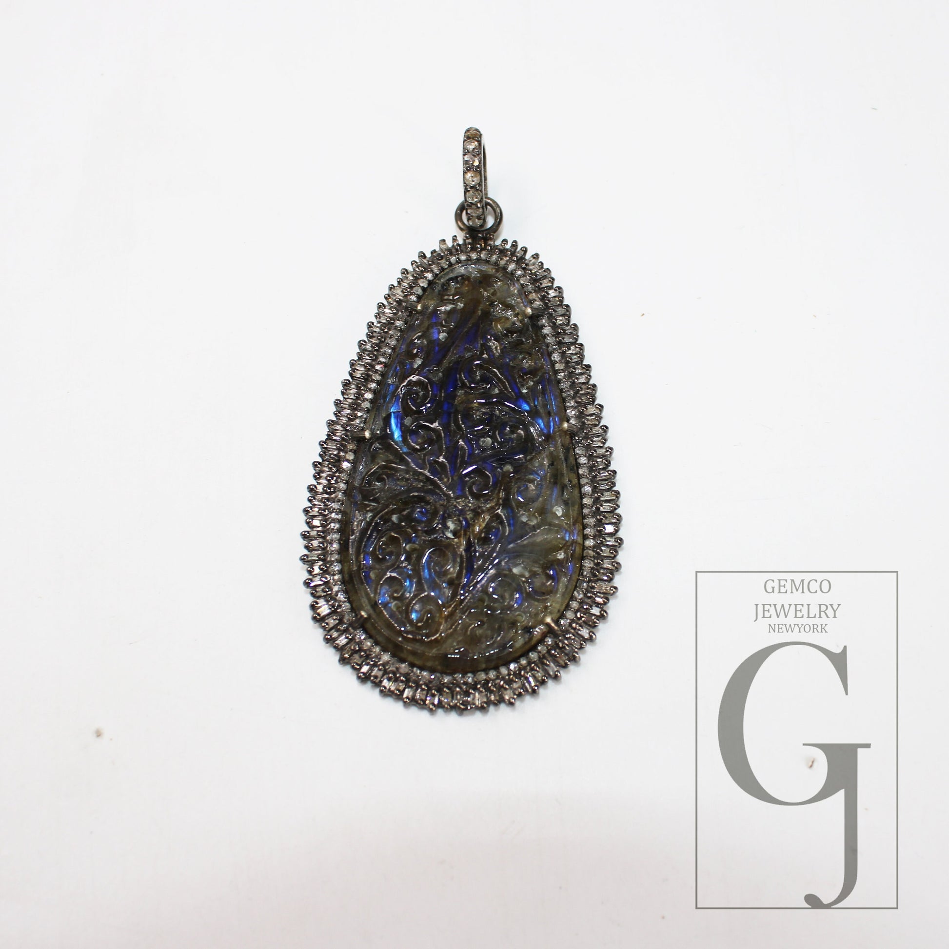 Carving Labradorite Baguette Diamond Pendant Rosecut Pave Diamond Pendant 925 Sterling Silver Handmade Finish Diamond Charm Necklace Pendant