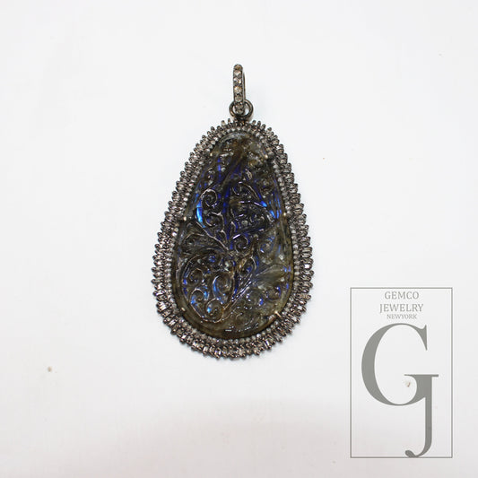 Carving Labradorite Baguette Diamond Pendant Rosecut Pave Diamond Pendant 925 Sterling Silver Handmade Finish Diamond Charm Necklace Pendant