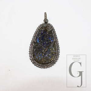 Carving Labradorite Baguette Diamond Pendant Rosecut Pave Diamond Pendant 925 Sterling Silver Handmade Finish Diamond Charm Necklace Pendant