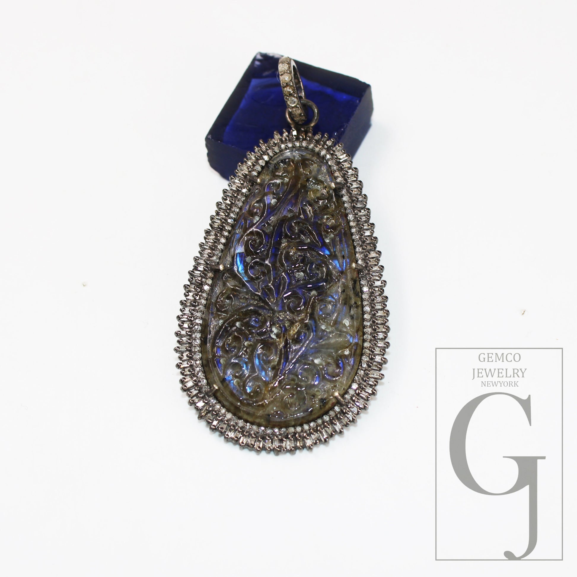 Carving Labradorite Baguette Diamond Pendant Rosecut Pave Diamond Pendant 925 Sterling Silver Handmade Finish Diamond Charm Necklace Pendant