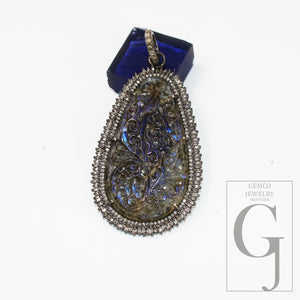 Carving Labradorite Baguette Diamond Pendant Rosecut Pave Diamond Pendant 925 Sterling Silver Handmade Finish Diamond Charm Necklace Pendant