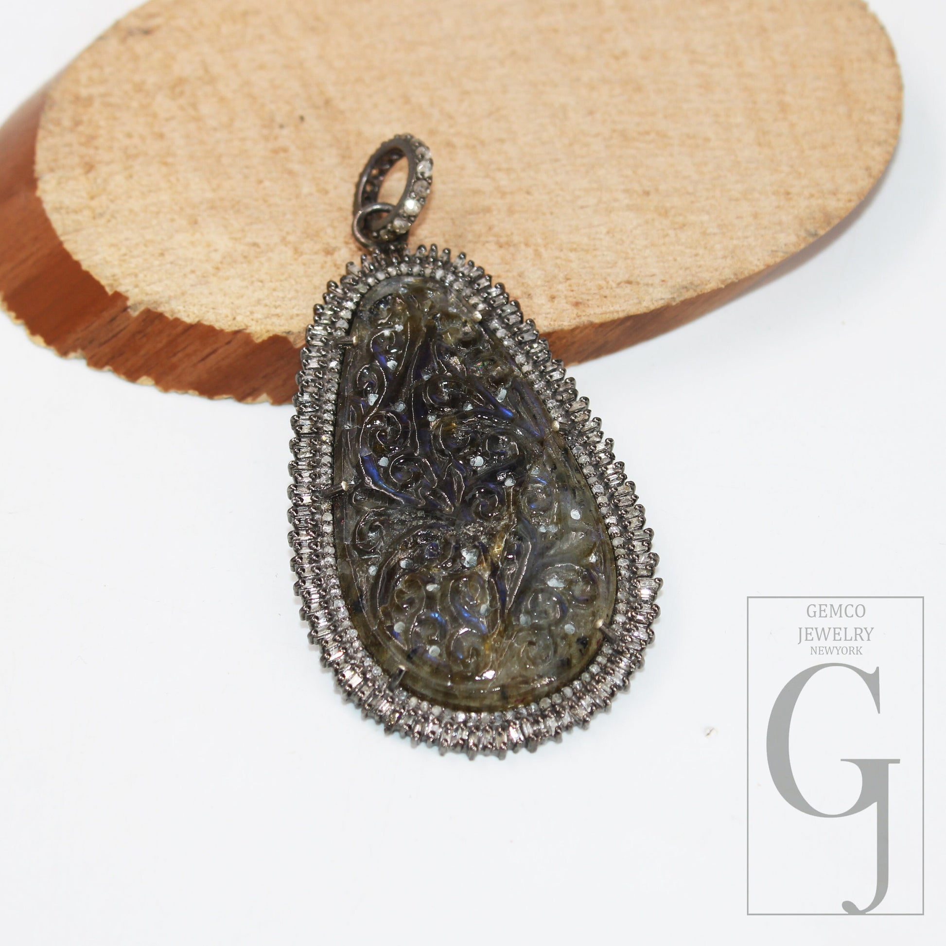 Carving Labradorite Baguette Diamond Pendant Rosecut Pave Diamond Pendant 925 Sterling Silver Handmade Finish Diamond Charm Necklace Pendant