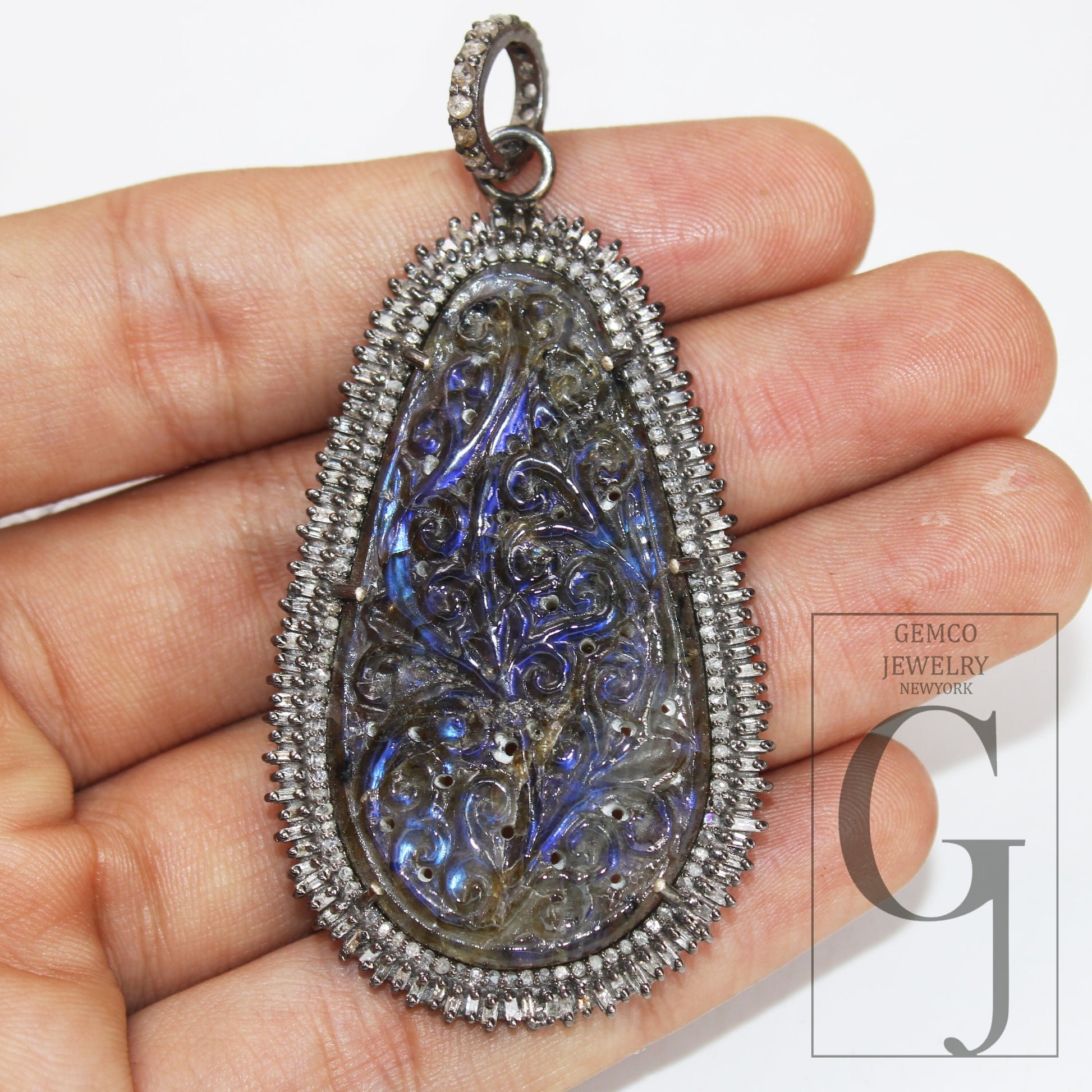 Carving Labradorite Baguette Diamond Pendant Rosecut Pave Diamond Pendant 925 Sterling Silver Handmade Finish Diamond Charm Necklace Pendant