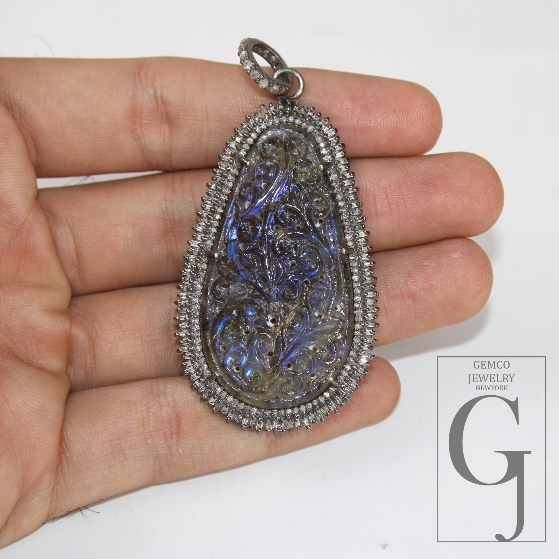 Carving Labradorite Baguette Diamond Pendant Rosecut Pave Diamond Pendant 925 Sterling Silver Handmade Finish Diamond Charm Necklace Pendant