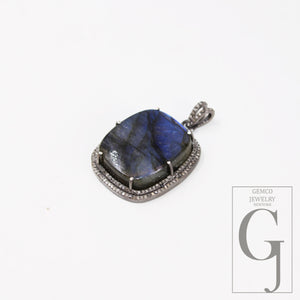 Antique Look Labradorite Pendant Designer Rosecut Pave Diamond 925 Sterling Silver Handmade Finish Pendant Diamond Charms Necklace Pendant