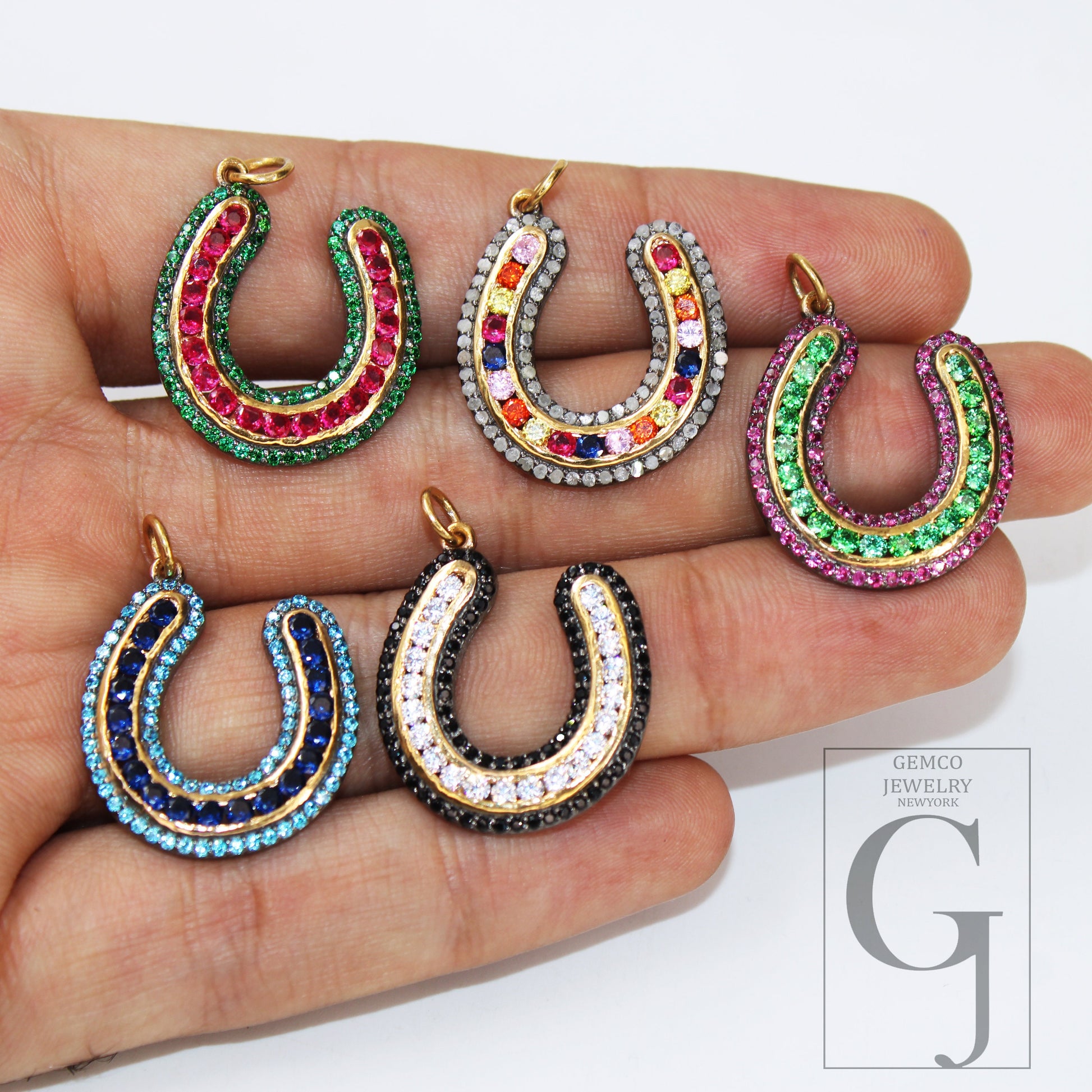 1pc Horseshoe Pendant Rosecut Pave Diamond Pendant 925 Sterling Silver Handmade Finish Diamond , Green, Blue, Red, Black Jewelry Pendant