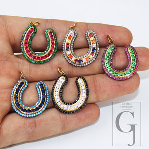 1pc Horseshoe Pendant Rosecut Pave Diamond Pendant 925 Sterling Silver Handmade Finish Diamond , Green, Blue, Red, Black Jewelry Pendant
