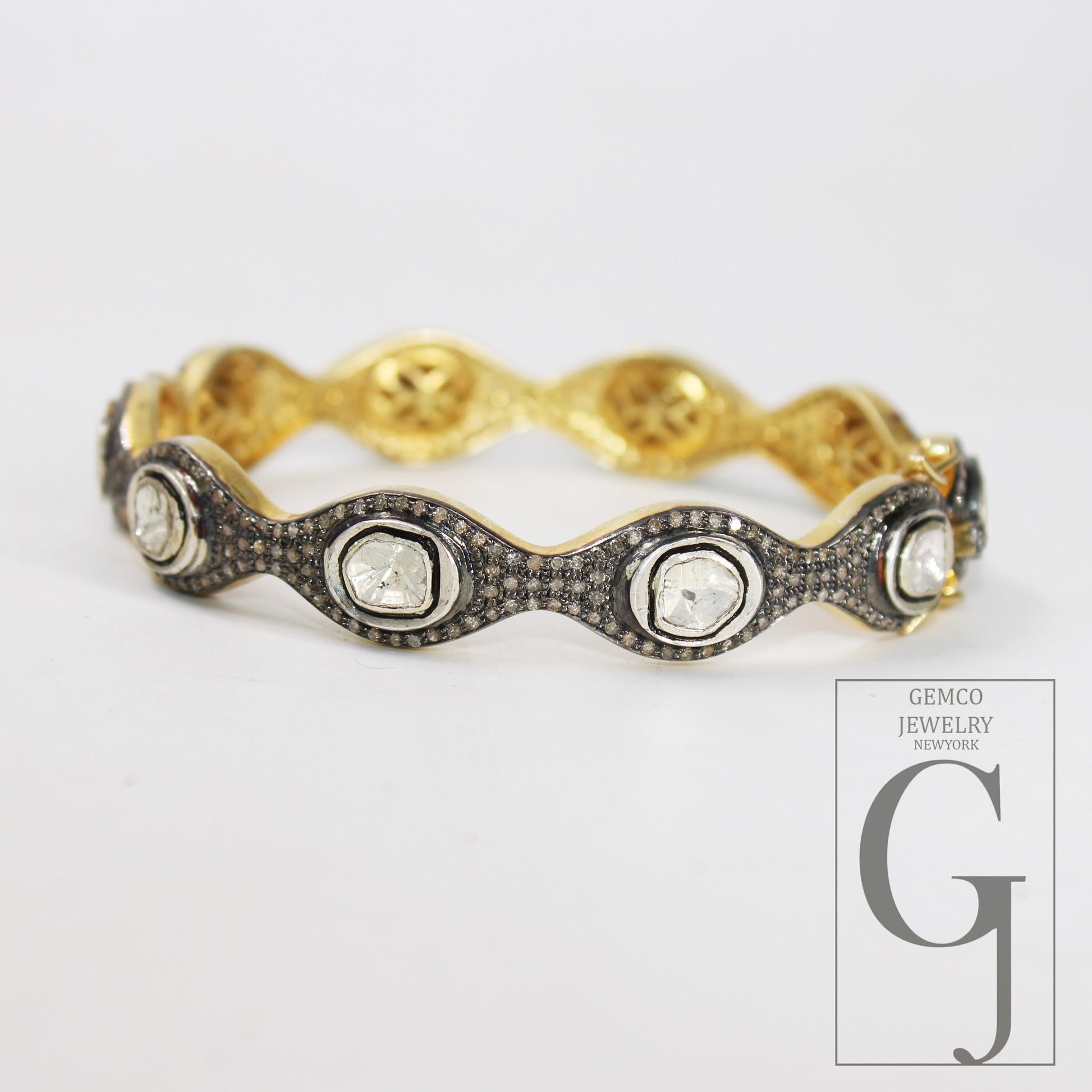 14k Gold Finish Polki Flat Diamond Bangle Rosecut Pave Diamond Bangle Bracelet 925 Sterling Silver Handmade Finish Diamond Bangle Bracelet