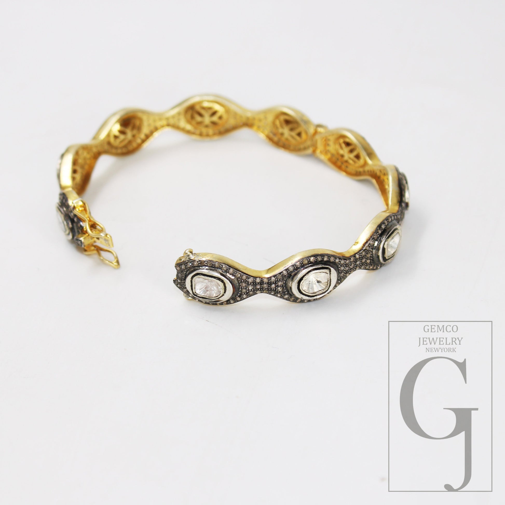 14k Gold Finish Polki Flat Diamond Bangle Rosecut Pave Diamond Bangle Bracelet 925 Sterling Silver Handmade Finish Diamond Bangle Bracelet