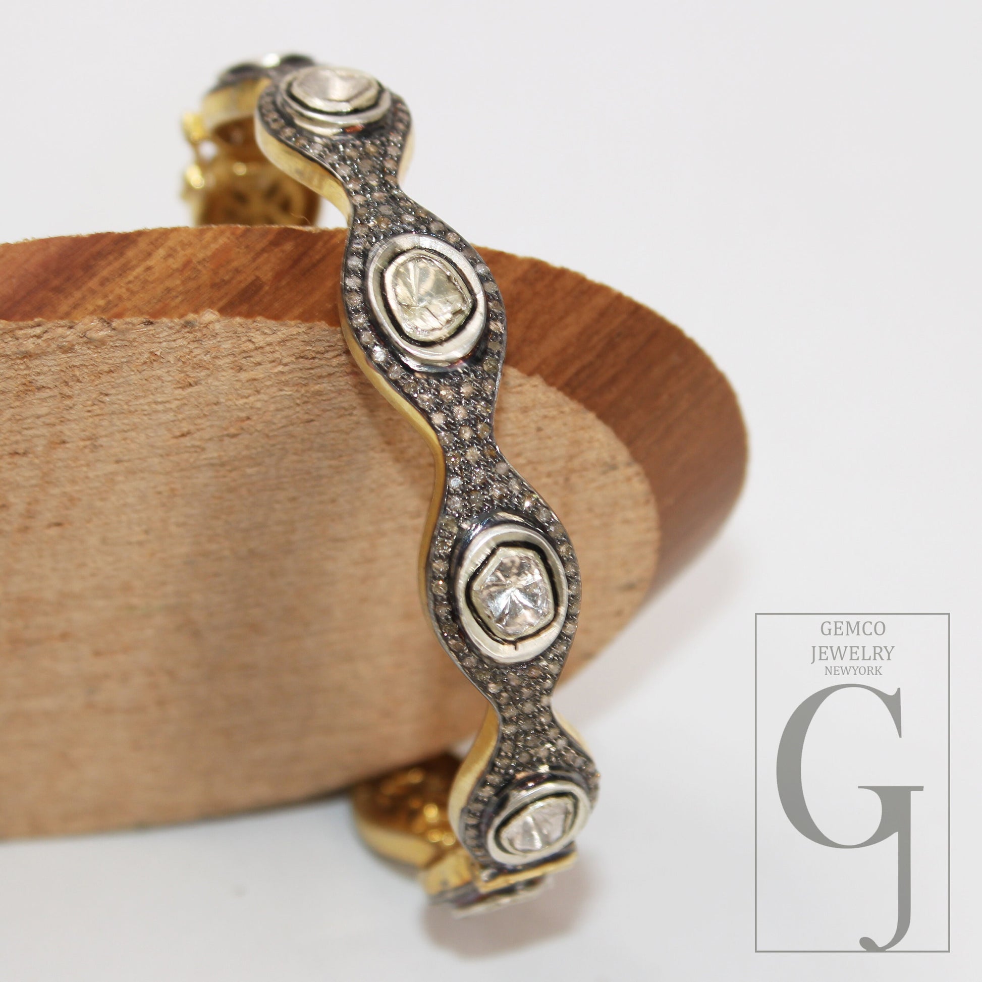 14k Gold Finish Polki Flat Diamond Bangle Rosecut Pave Diamond Bangle Bracelet 925 Sterling Silver Handmade Finish Diamond Bangle Bracelet