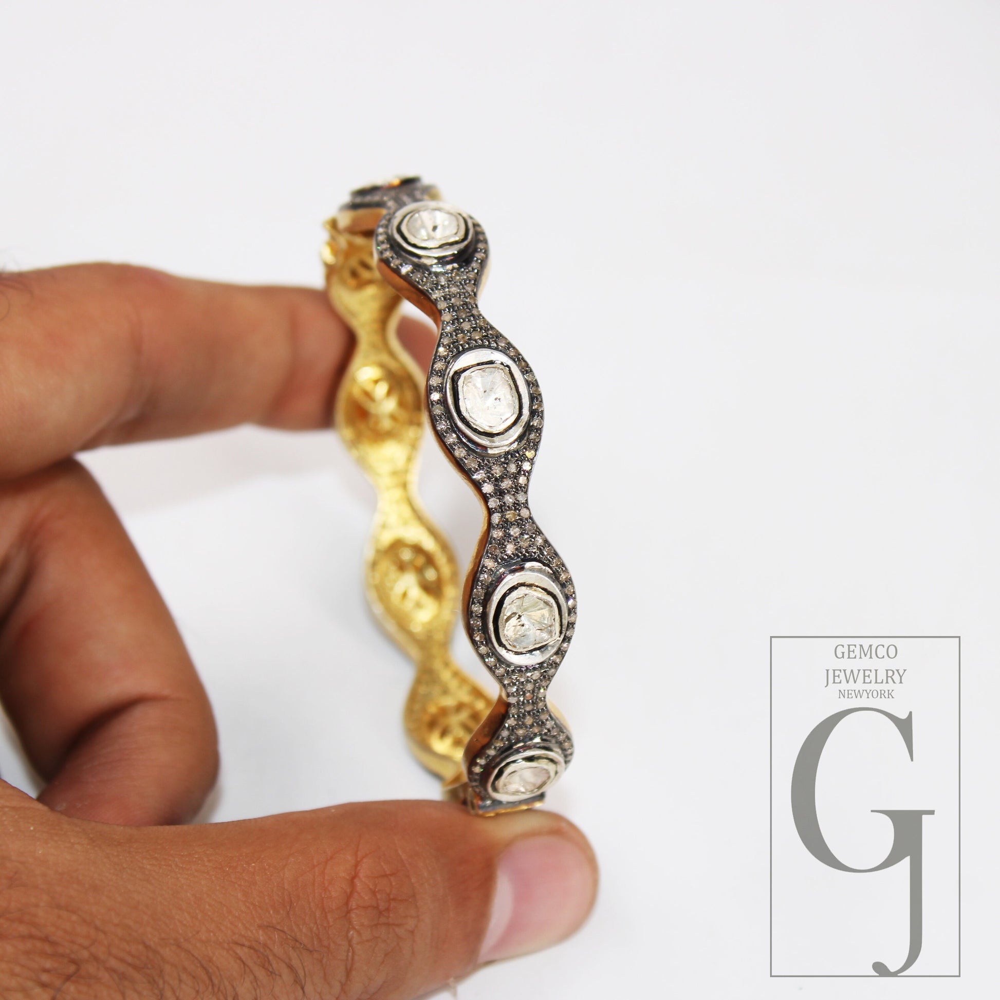 14k Gold Finish Polki Flat Diamond Bangle Rosecut Pave Diamond Bangle Bracelet 925 Sterling Silver Handmade Finish Diamond Bangle Bracelet