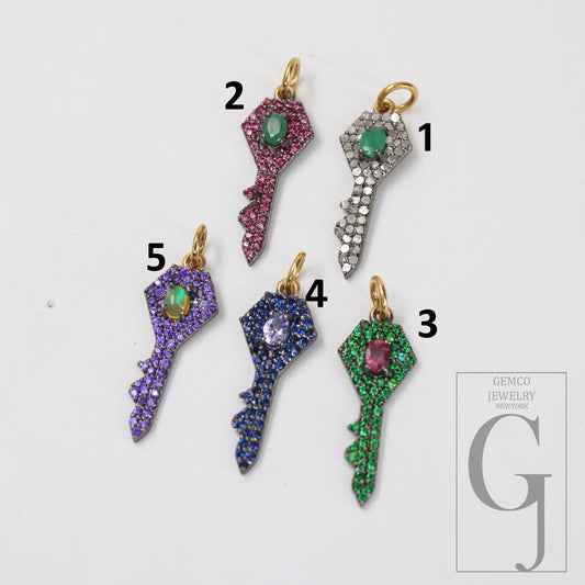 1pc Key Pendant Rosecut Pave Diamond Pendant 925 Sterling Silver Handmade Finish Diamond, Green, Blue, Red, Black Stone Pendant Jewelry