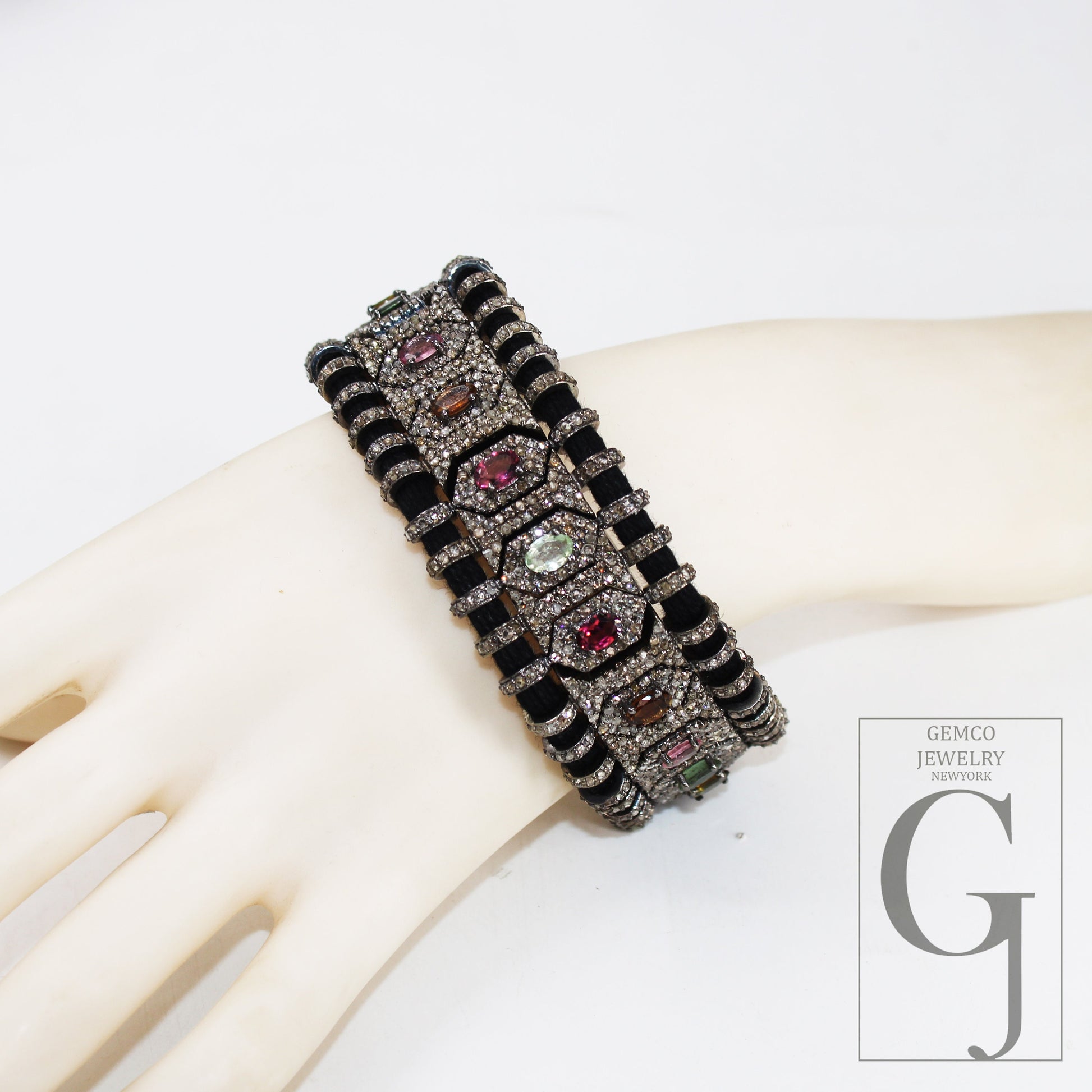 Multi tourmaline design thread bracelet Rosecut pave diamond thread bangle bracelet 925 sterling silver handmade finish bangle bracelet