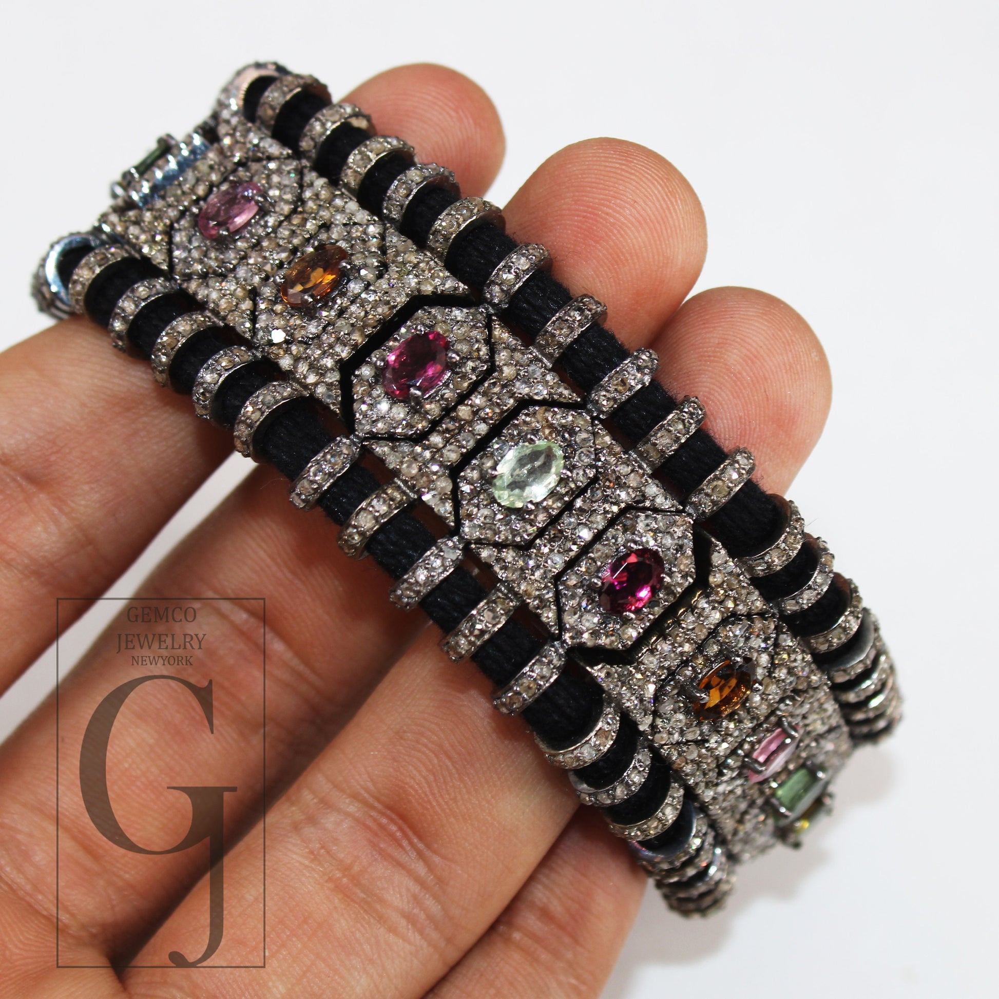 Multi tourmaline design thread bracelet Rosecut pave diamond thread bangle bracelet 925 sterling silver handmade finish bangle bracelet