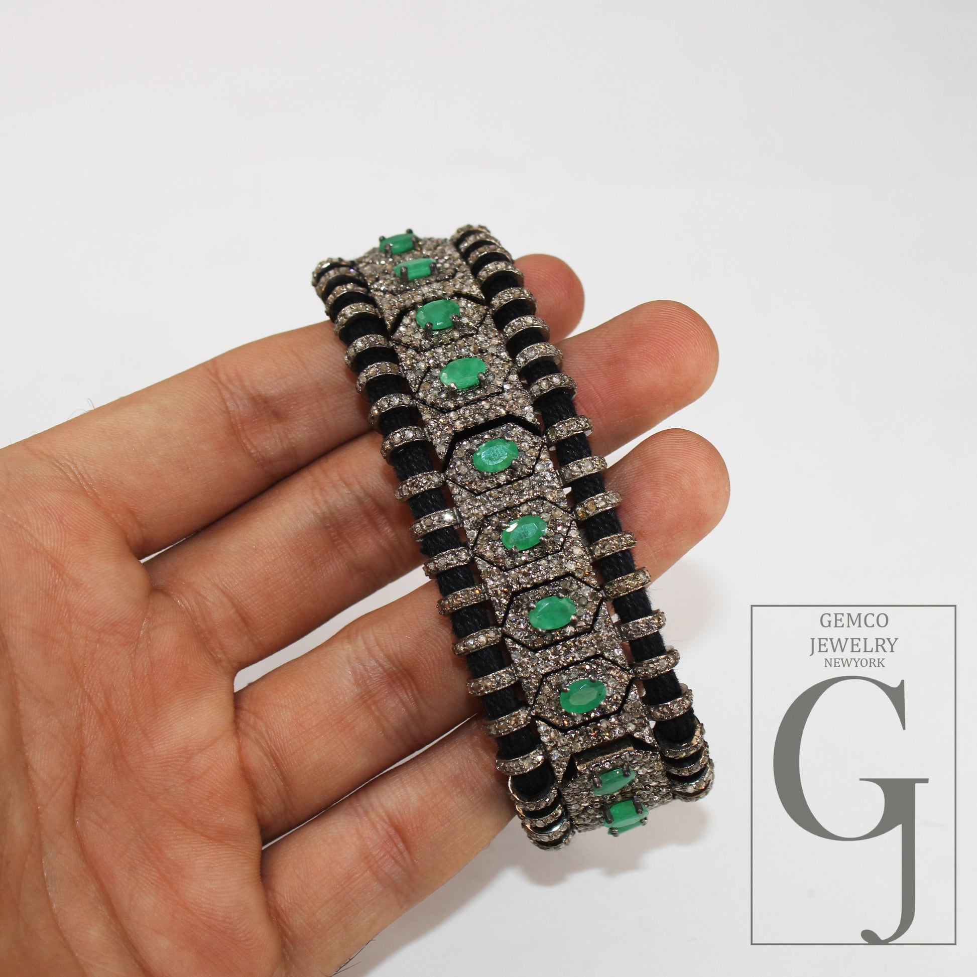 Green Emerald Design Thread Bracelet Rosecut Pave Diamond Thread Bangle Bracelet 925 Sterling Silver Handmade Finish Bangle Macrame Bracelet