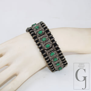 Green Emerald Design Thread Bracelet Rosecut Pave Diamond Thread Bangle Bracelet 925 Sterling Silver Handmade Finish Bangle Macrame Bracelet