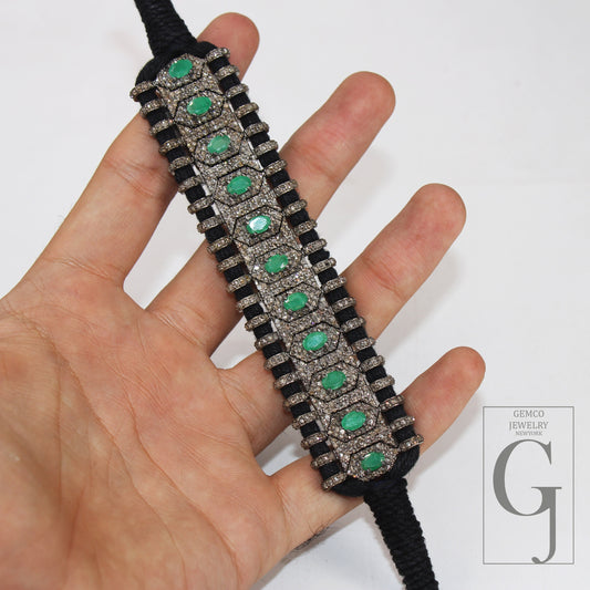 Green Emerald Design Thread Bracelet Rosecut Pave Diamond Thread Bangle Bracelet 925 Sterling Silver Handmade Finish Bangle Macrame Bracelet