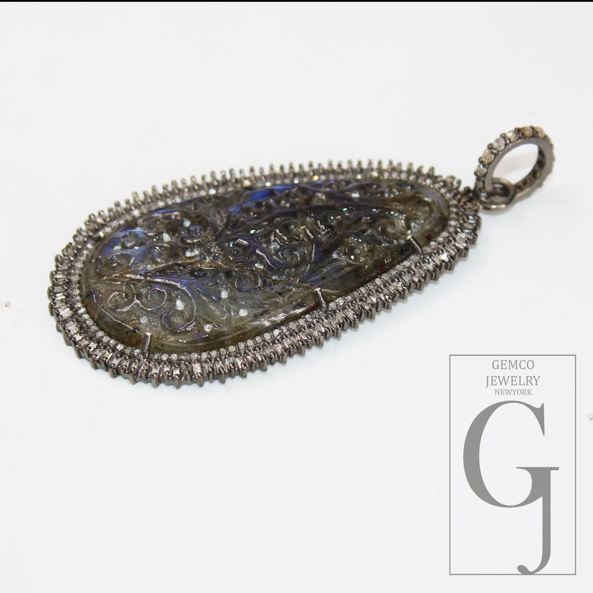 Carving Labradorite Baguette Diamond Pendant Rosecut Pave Diamond Pendant 925 Sterling Silver Handmade Finish Diamond Charm Necklace Pendant