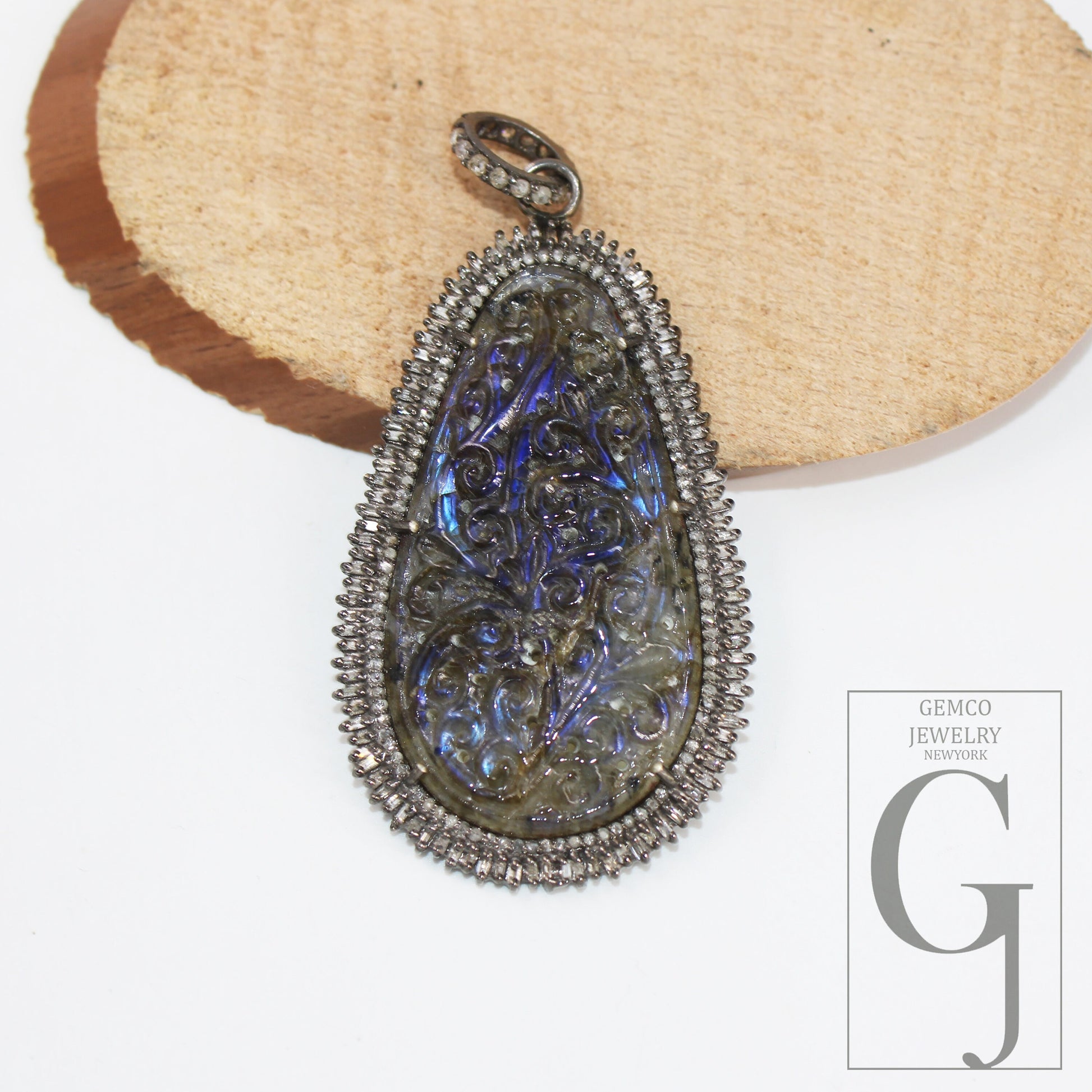 Carving Labradorite Baguette Diamond Pendant Rosecut Pave Diamond Pendant 925 Sterling Silver Handmade Finish Diamond Charm Necklace Pendant