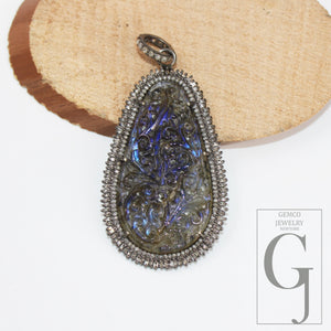 Carving Labradorite Baguette Diamond Pendant Rosecut Pave Diamond Pendant 925 Sterling Silver Handmade Finish Diamond Charm Necklace Pendant