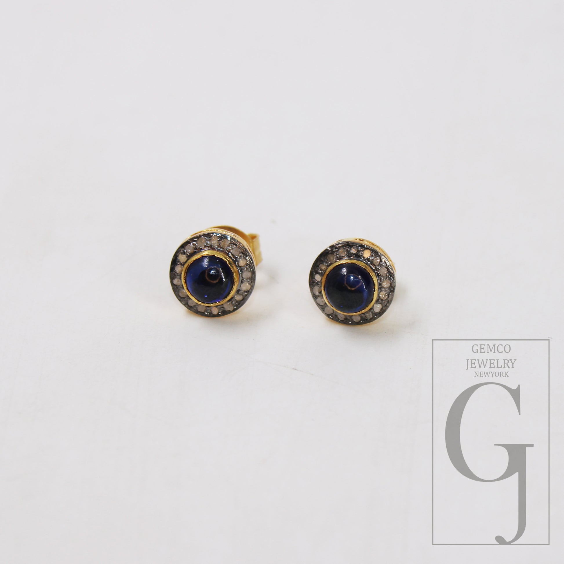 14k gold Sapphire earring studs Pave rosecut diamond 925 sterling silver handmade beautiful  diamond pave stud earrings jewelry 10mm size